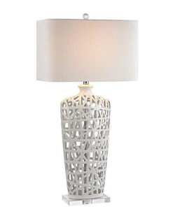 36in Ceramic Table Lamp In Gloss White And Crystal